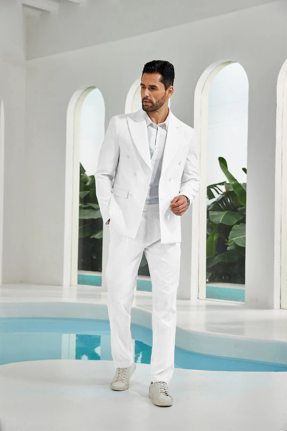 Seersucker Double Breasted Blazer Pants 2 Piece Men's Summer Suit Yuanlu