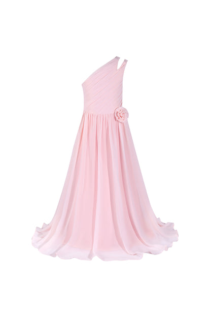 Pink Elegant One-Shoulder Pleated Flower Girl Gown Dress 3555