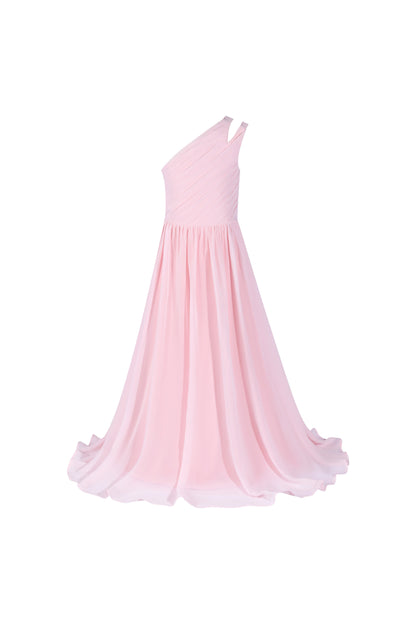 Pink Elegant One-Shoulder Pleated Flower Girl Gown Dress 3555