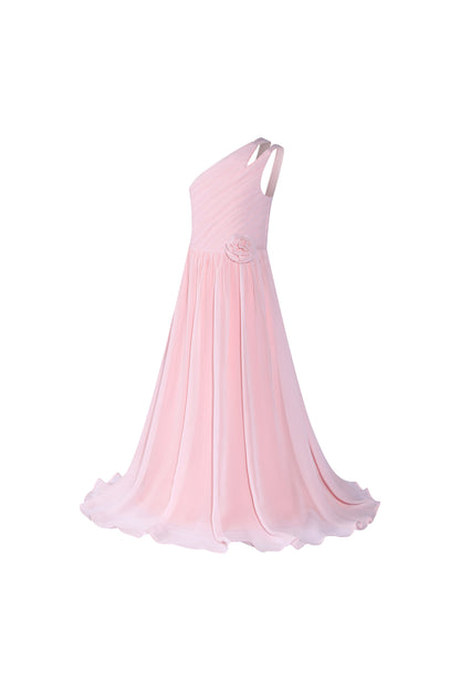 Pink Elegant One-Shoulder Pleated Flower Girl Gown Dress 3555