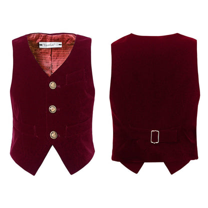 Burgundy Velvet 2 Piece Kids Boys' Vest and Pants Dress Suits Set Yuanlu