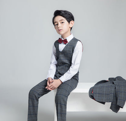 Dark Gray Plaid Fashion 5 Piece Boys Suits Yuanlu