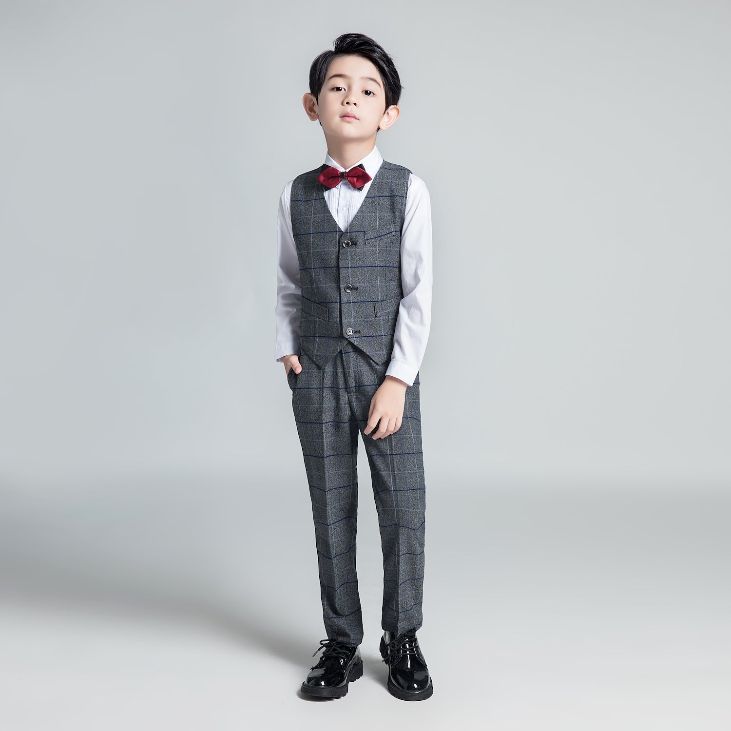 Dark Gray Plaid Fashion 5 Piece Boys Suits Yuanlu