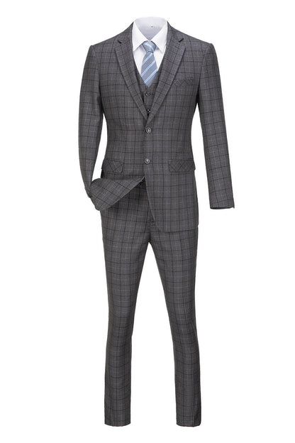 Grey Plaid Men's 3 Piece Set for Party, Wedding and Business Yuanlu