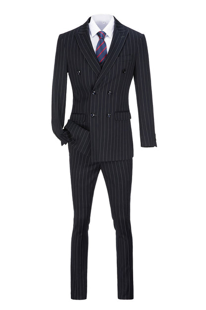 Navy Stripe Men's 3 Piece Set Double Breasted Blazer Vest Pants for Party, Wedding and Business Yuanlu