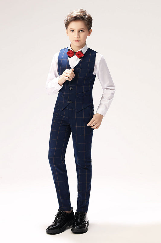 Blue Plaid Elegant Formal 4 Piece Boy's Formal Suits With Vest+Pants+Shirt+Tie Yuanlu