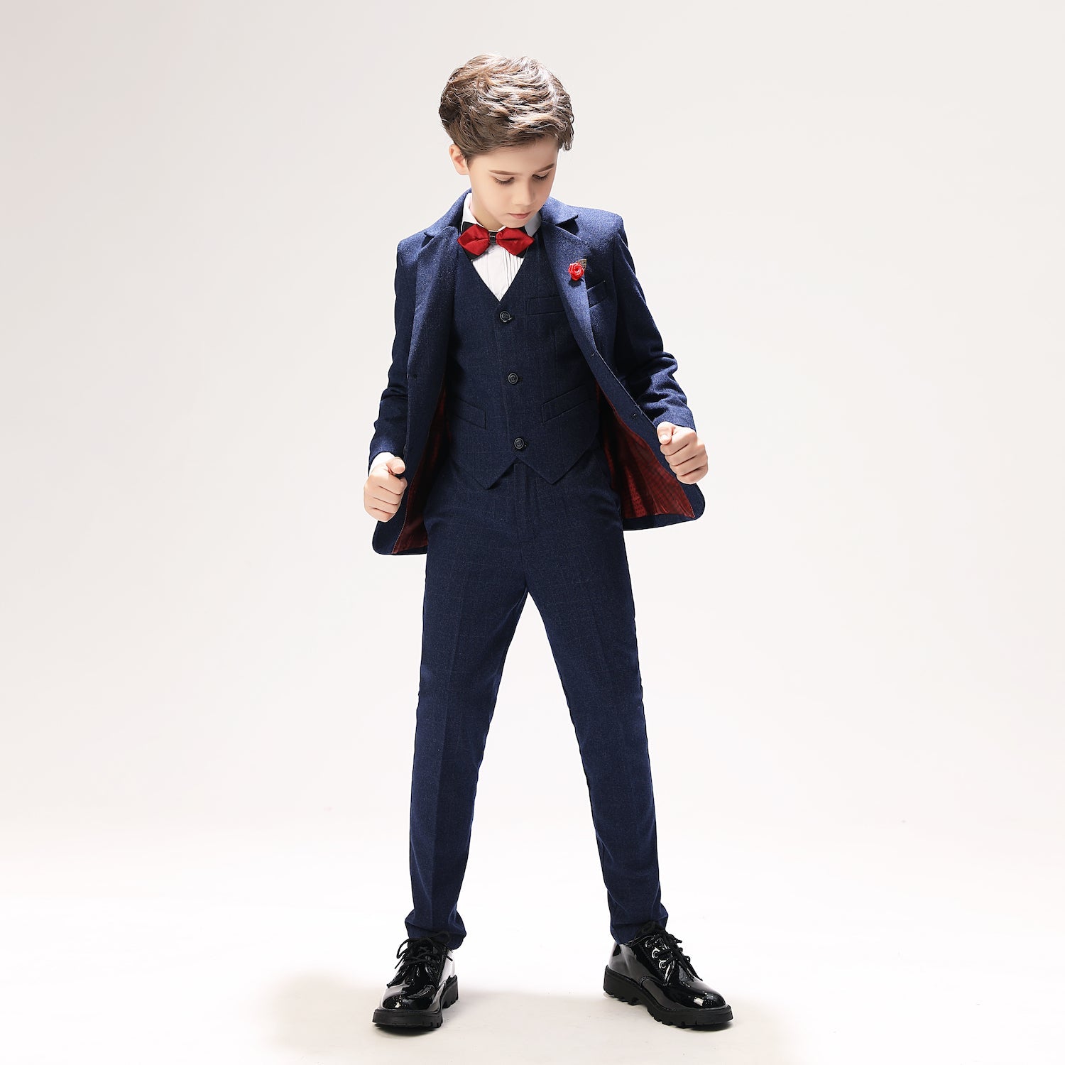 Navy Woolen Elegant 5 Piece Boys Suits Yuanlu