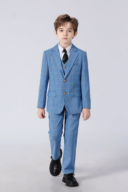 Light Blue Plaid Elegant Formal 5 Piece Boys Suits Yuanlu