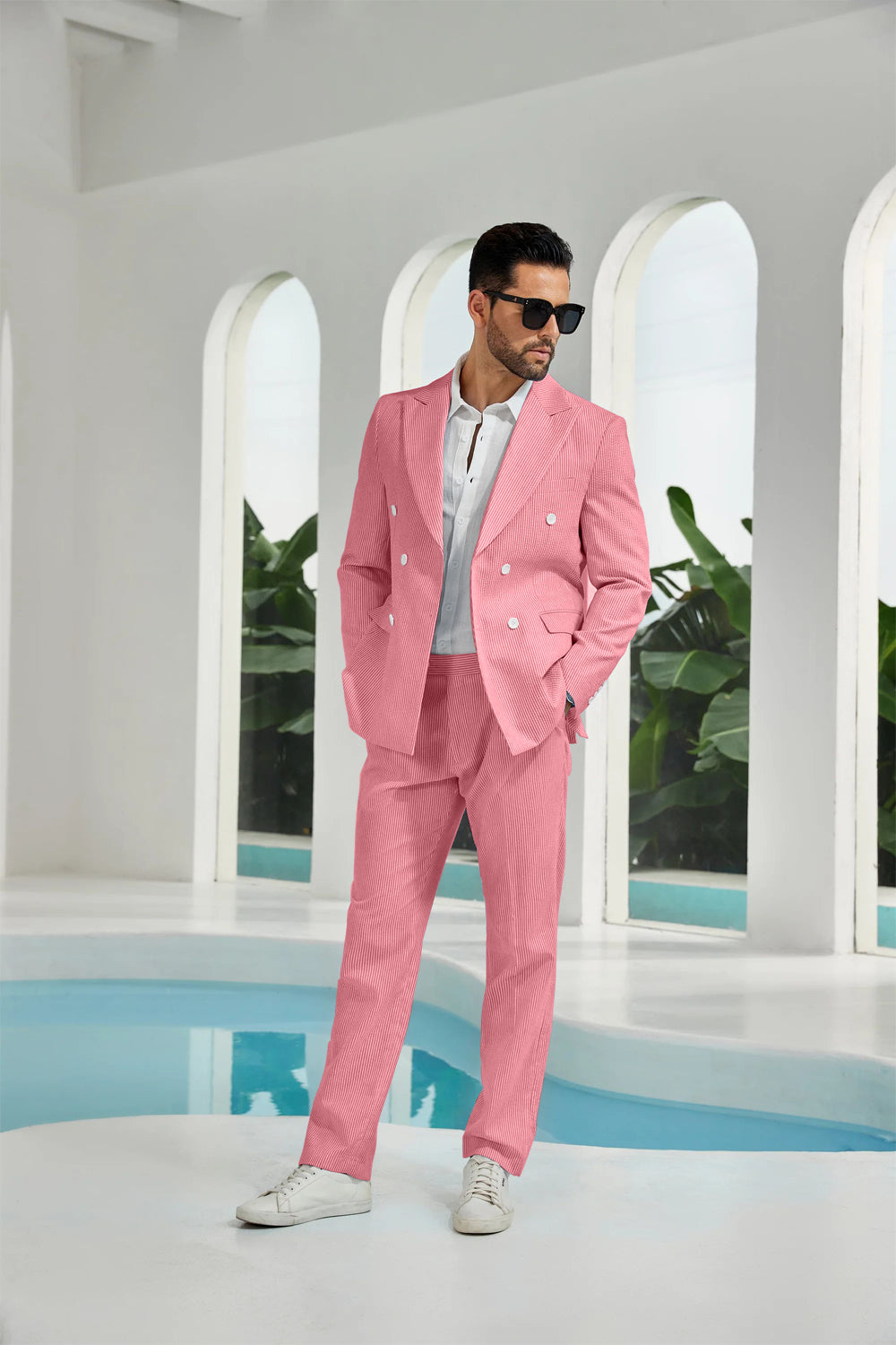 Seersucker Double Breasted Blazer Pants 2 Piece Men's Summer Suit Yuanlu