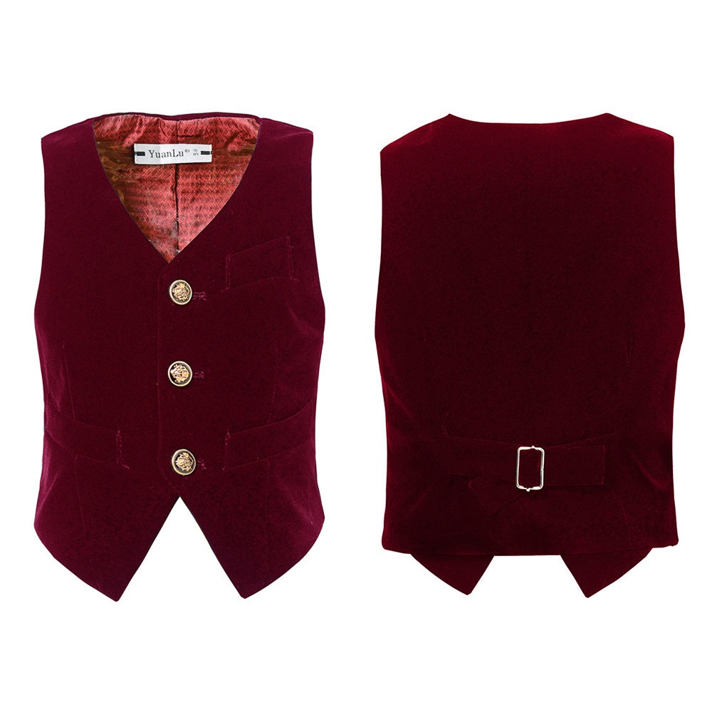 Burgundy Velvet 3 Piece Boy's Formal Boys Suits With Jacket Vest Pants Yuanlu