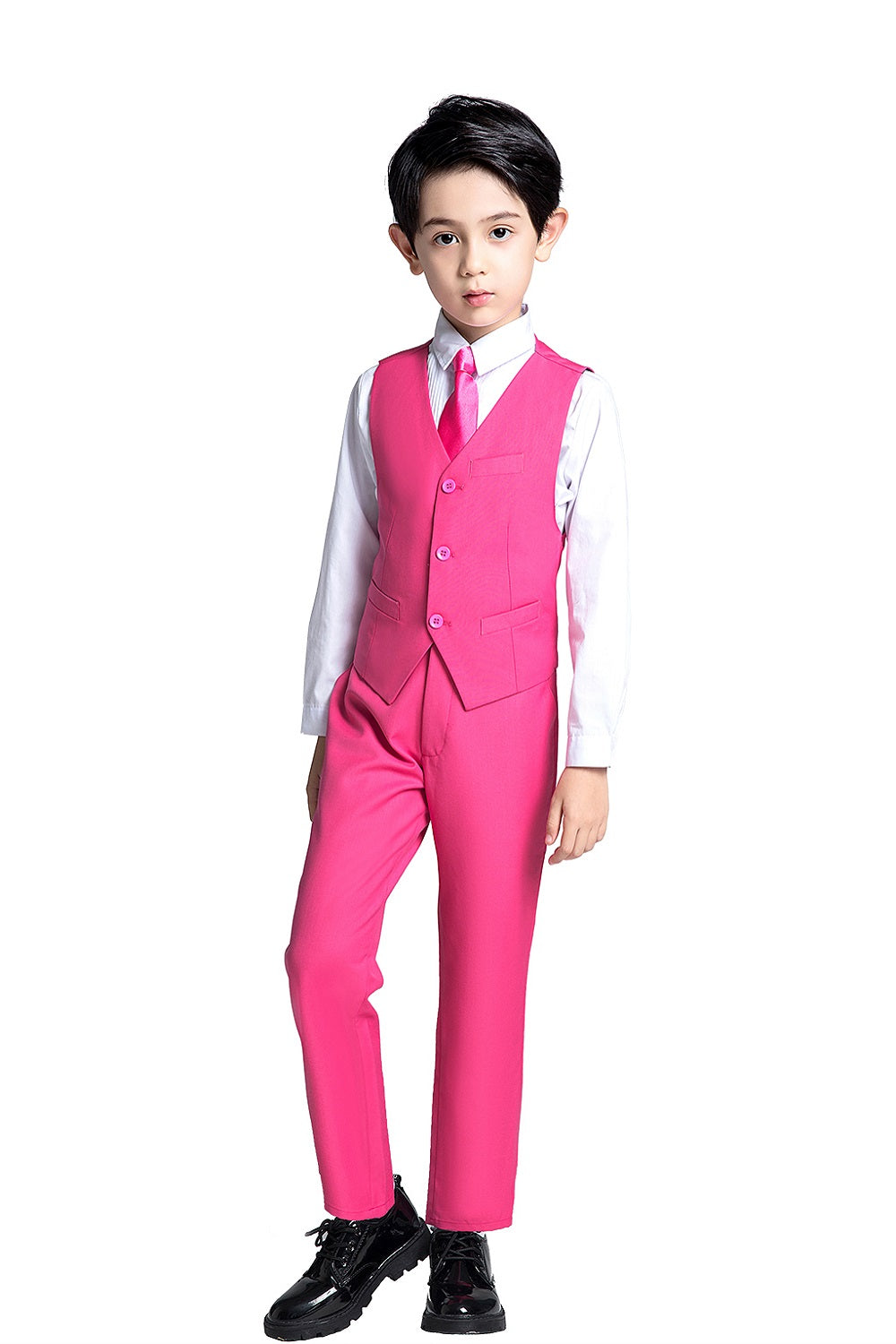 Pink Kid Boys Custom Fit Slim 4 Piece Boy's Formal Suits With Vest+Pants+Shirt+Tie Yuanlu