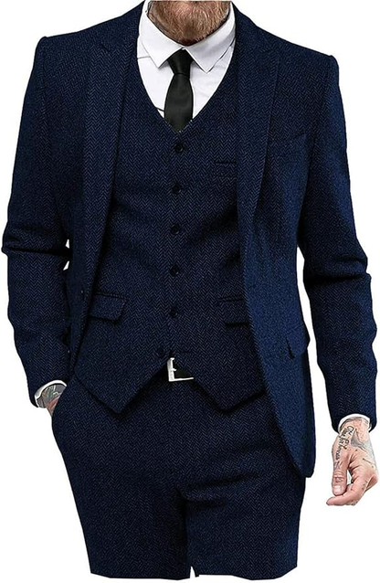 Mens Tweed Herringbone Wedding Suit Prom Tuxedos 3 Piece Peak Lapel Dress Yuanlu