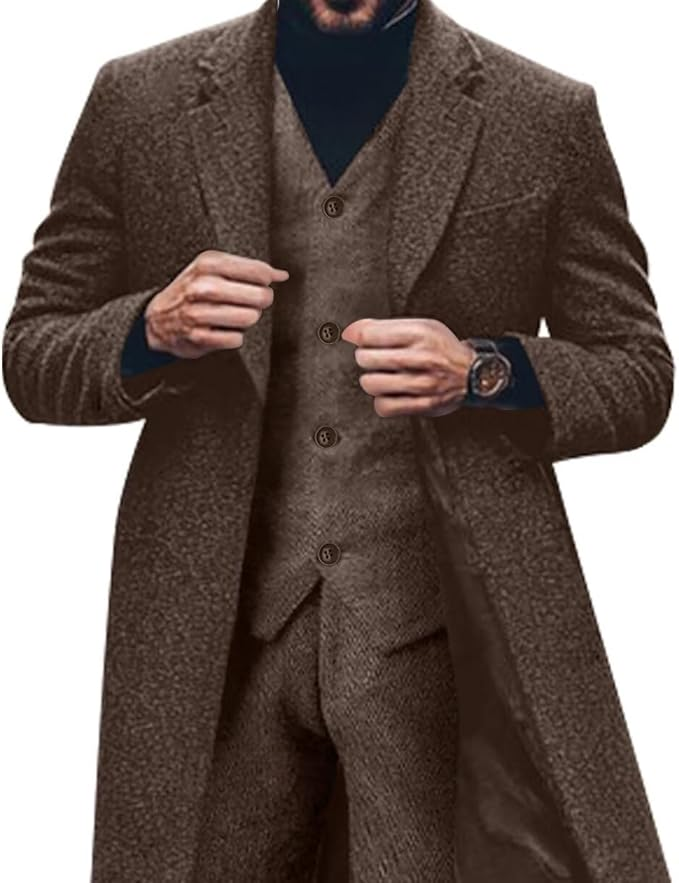 Blazer long à chevrons en tweed rétro 3 pièces pour hommes 3690