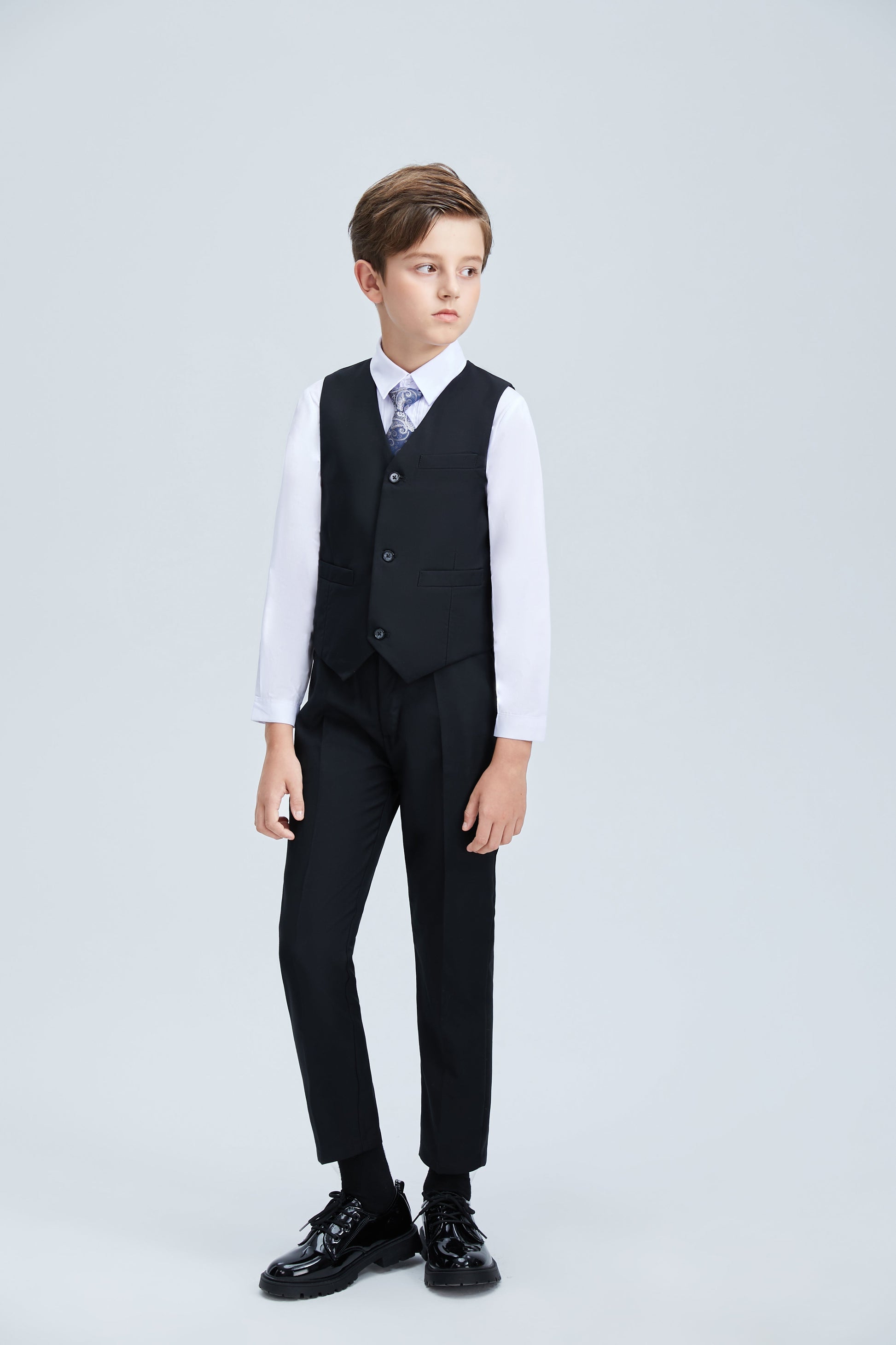 Black Fit Slim 4 Piece Boy's Formal Suits With Vest+Pants+Shirt+Tie Yuanlu