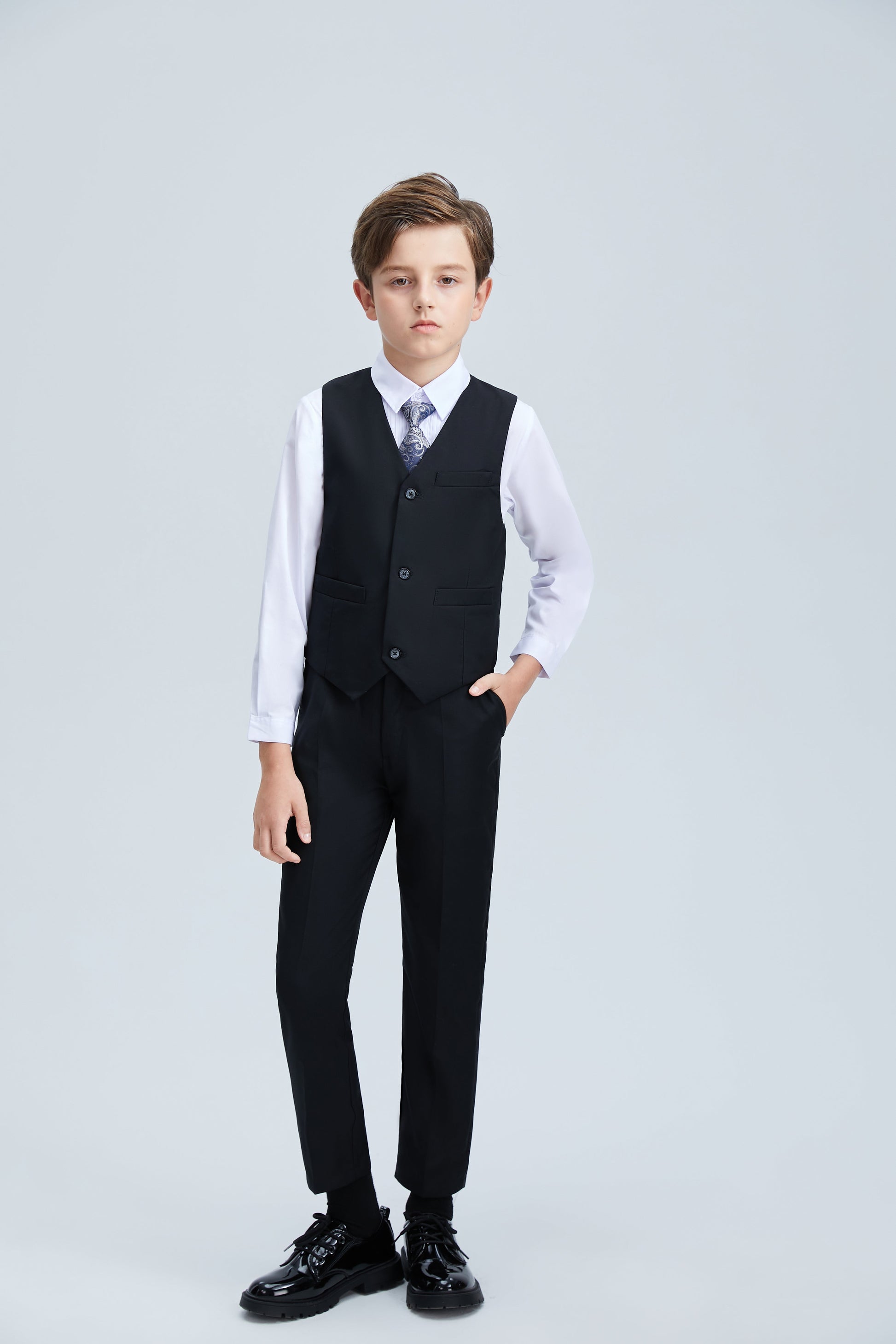 Black Fit Slim 4 Piece Boy's Formal Suits With Vest+Pants+Shirt+Tie Yuanlu