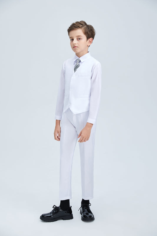 White Slim 4 Piece Boy's Formal Suits With Vest+Pants+Shirt+Tie Yuanlu