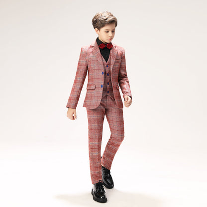 Red Plaid Elegant 5 Piece Boys Suits Yuanlu