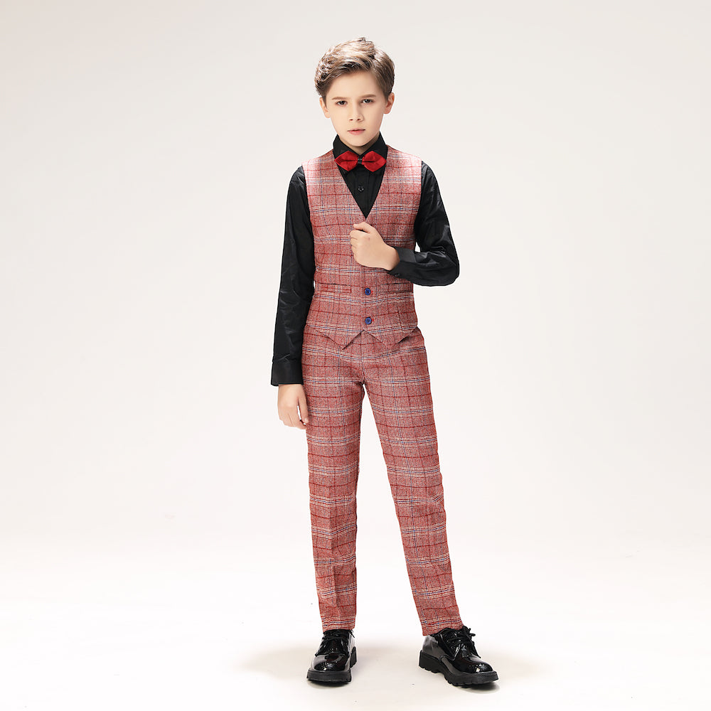 Red Plaid Elegant 5 Piece Boys Suits Yuanlu