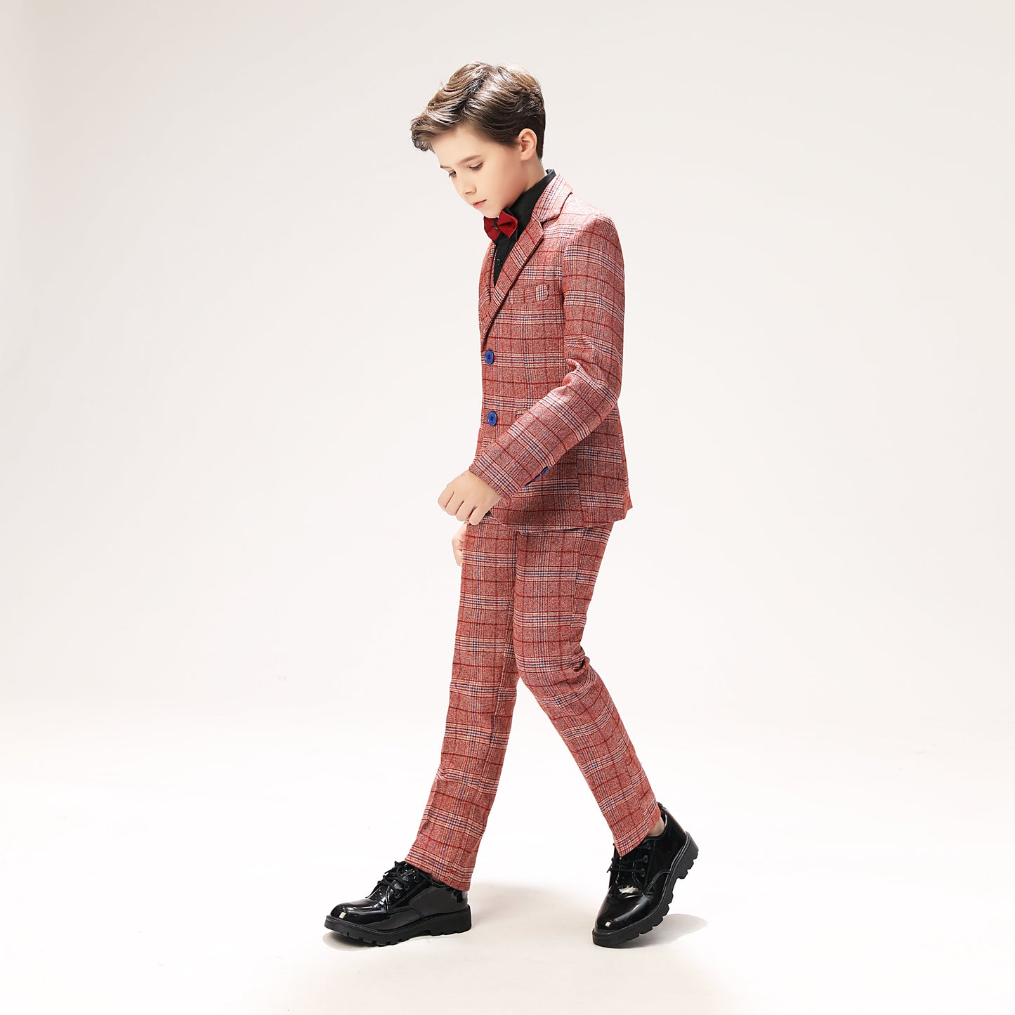 Red Plaid Elegant 5 Piece Boys Suits Yuanlu