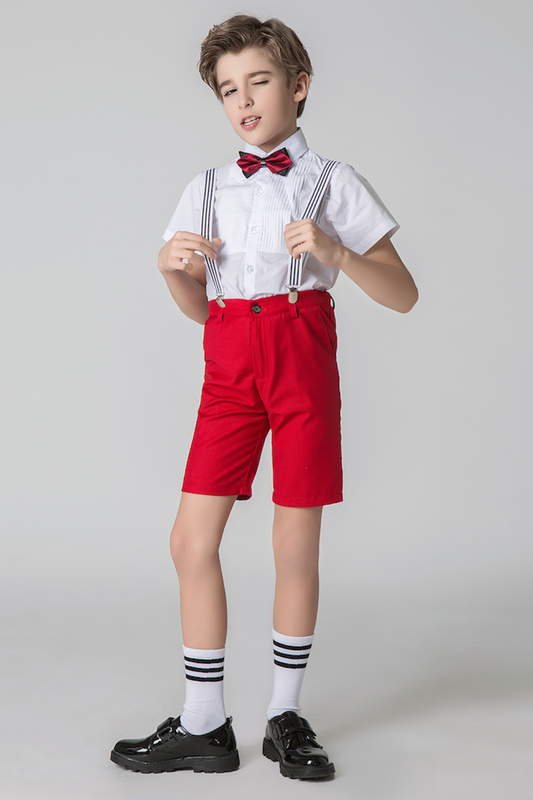 Red 4 Piece Kids Boys' Formal Party Summer Suits Set With Suspenders Yuanlu