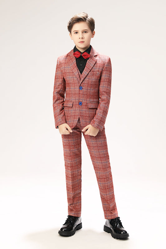 Red Plaid Elegant 5 Piece Boys Suits Yuanlu