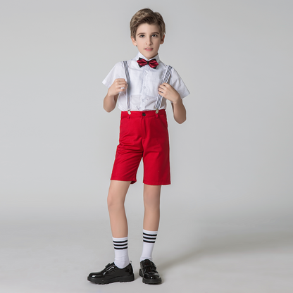 Red 4 Piece Kids Boys' Formal Party Summer Suits Set With Suspenders Yuanlu