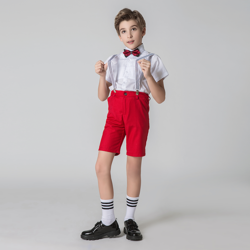 Red 4 Piece Kids Boys' Formal Party Summer Suits Set With Suspenders Yuanlu