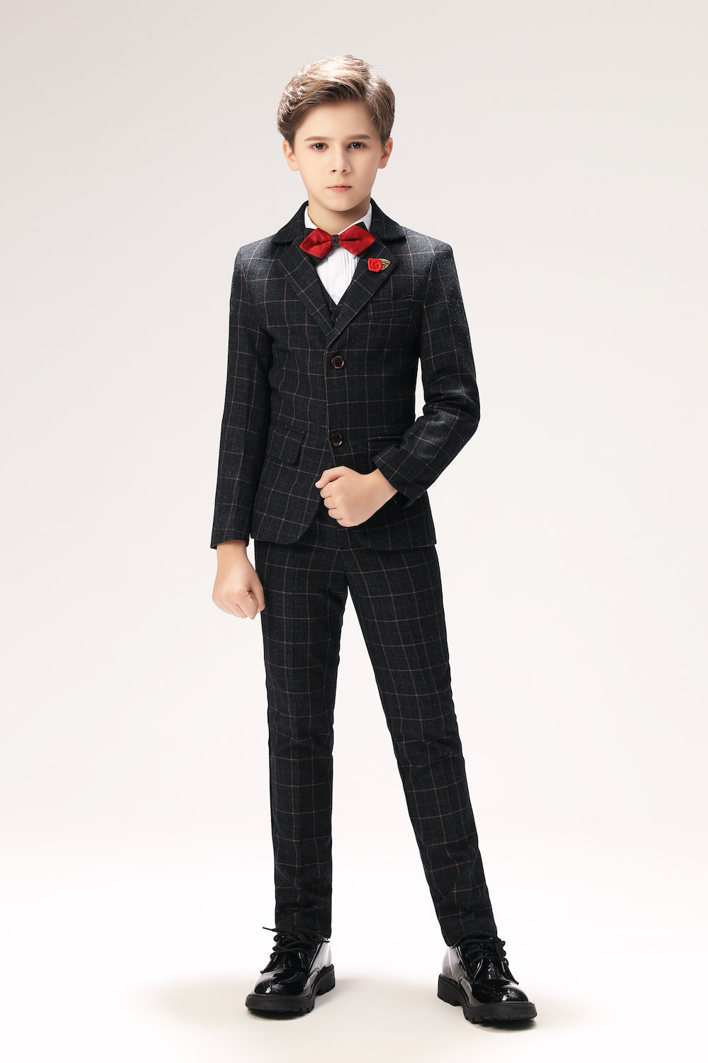 Black Plaid Elegant 5 Piece Boys Suits Yuanlu