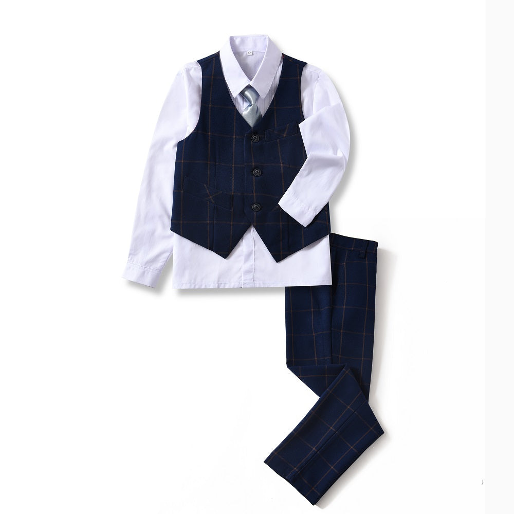 Blue Plaid Elegant 5 Piece Boys Suits Yuanlu