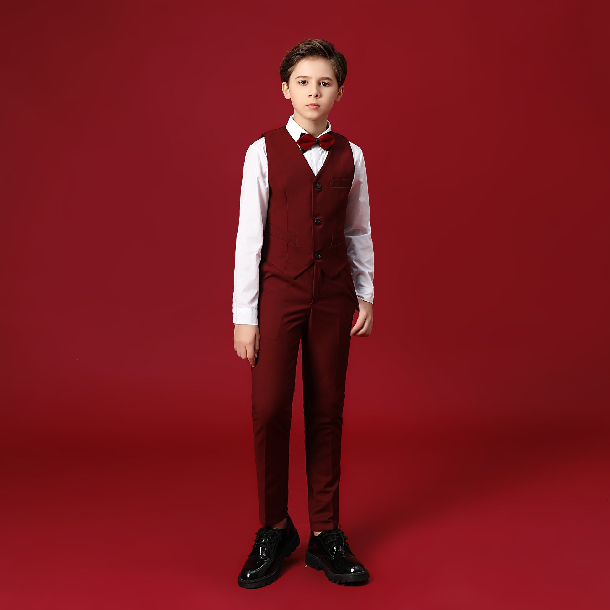 Burgundy Custom Fit Slim 4 Piece Boy's Formal Suits With Vest+Pants+Shirt+Tie Yuanlu