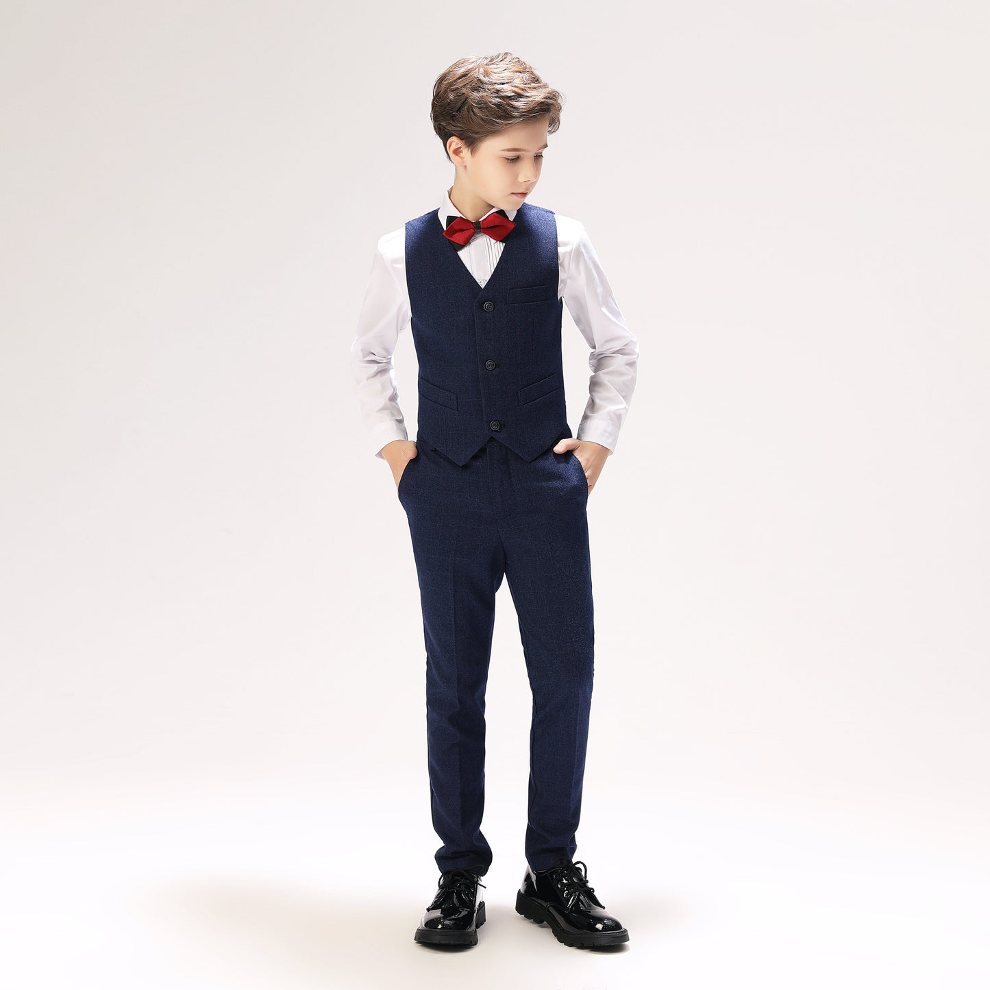 Navy Fit Slim 4 Piece Boy's Formal Suits With Vest+Pants+Shirt+Tie Yuanlu