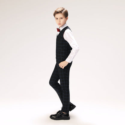 Navy Plaid Elegant 5 Piece Boys Suits Yuanlu