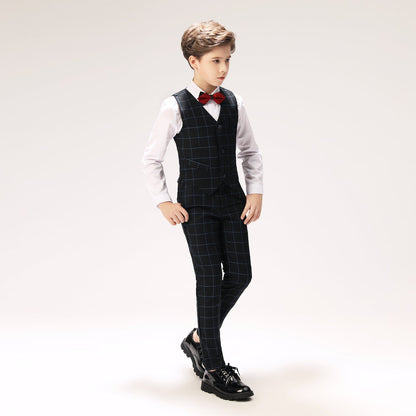 Navy Plaid Elegant 5 Piece Boys Suits Yuanlu