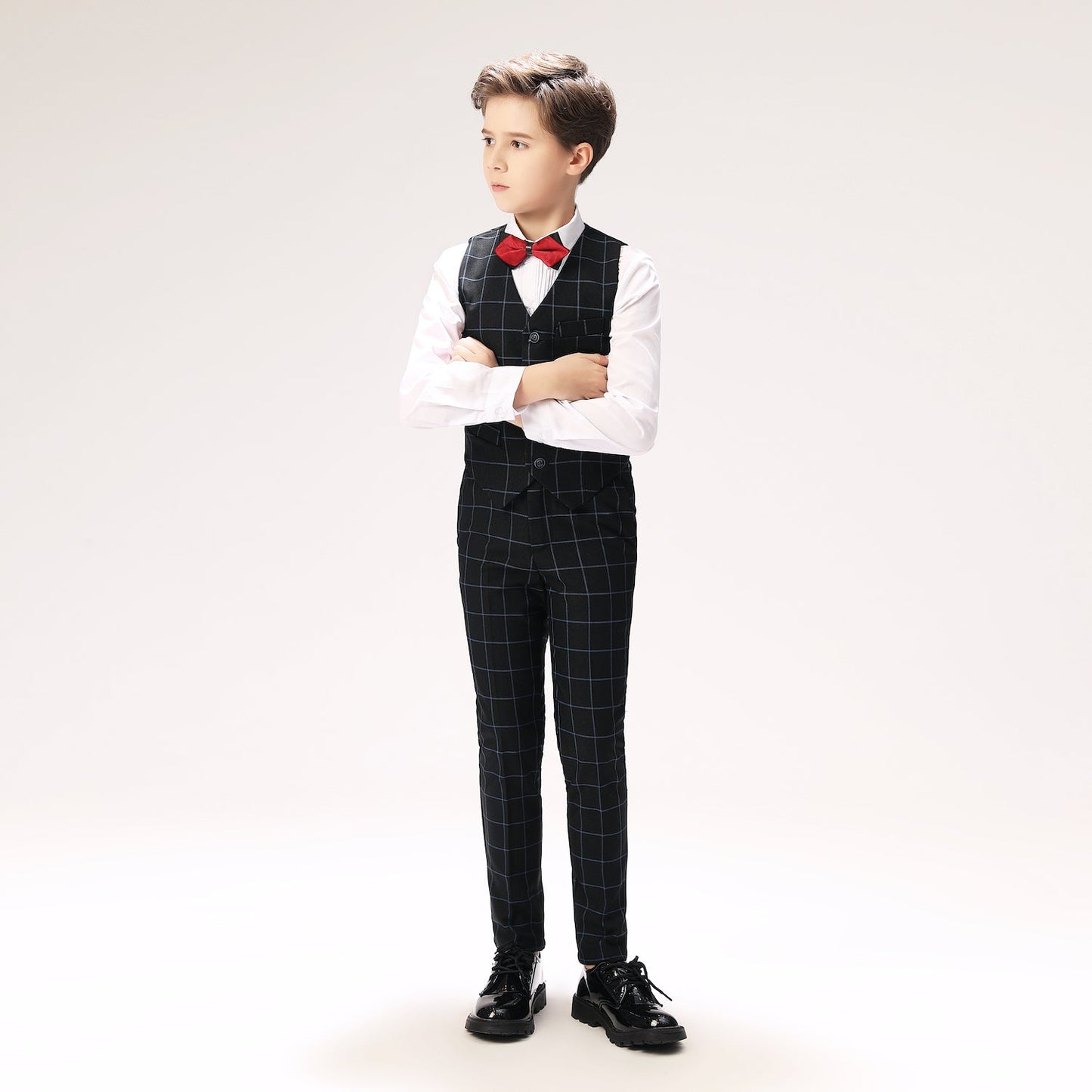 Navy Plaid Elegant 5 Piece Boys Suits Yuanlu