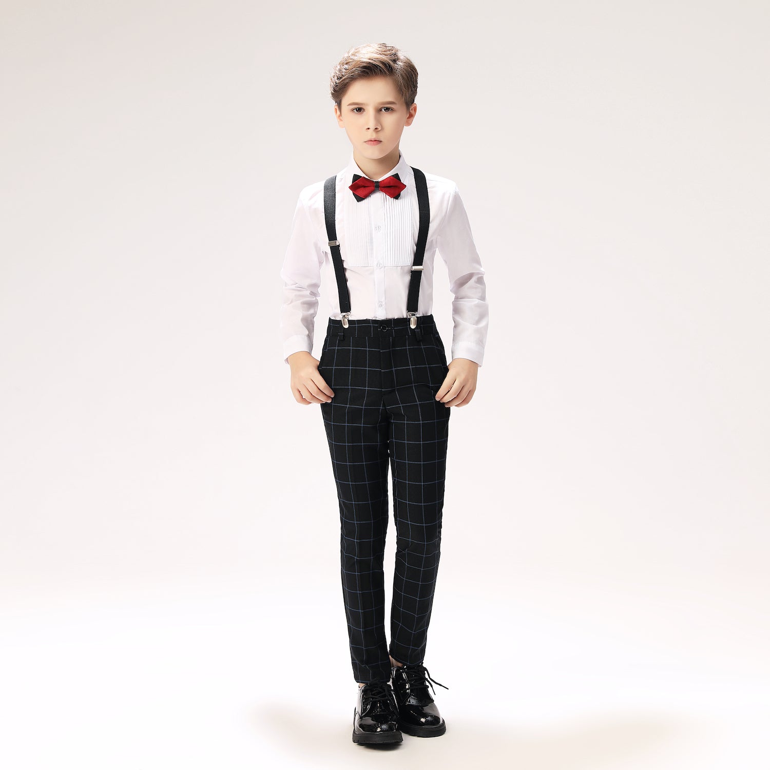 Navy Plaid Elegant 5 Piece Boys Suits Yuanlu