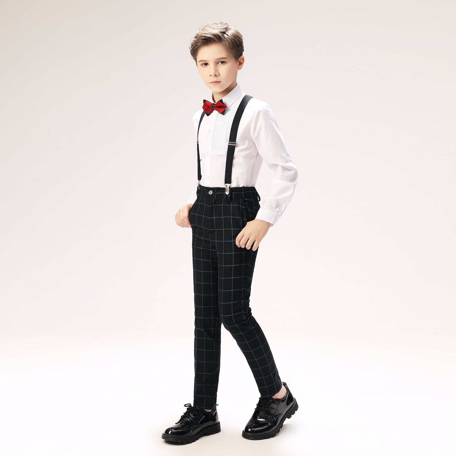 Navy Plaid Elegant 5 Piece Boys Suits Yuanlu