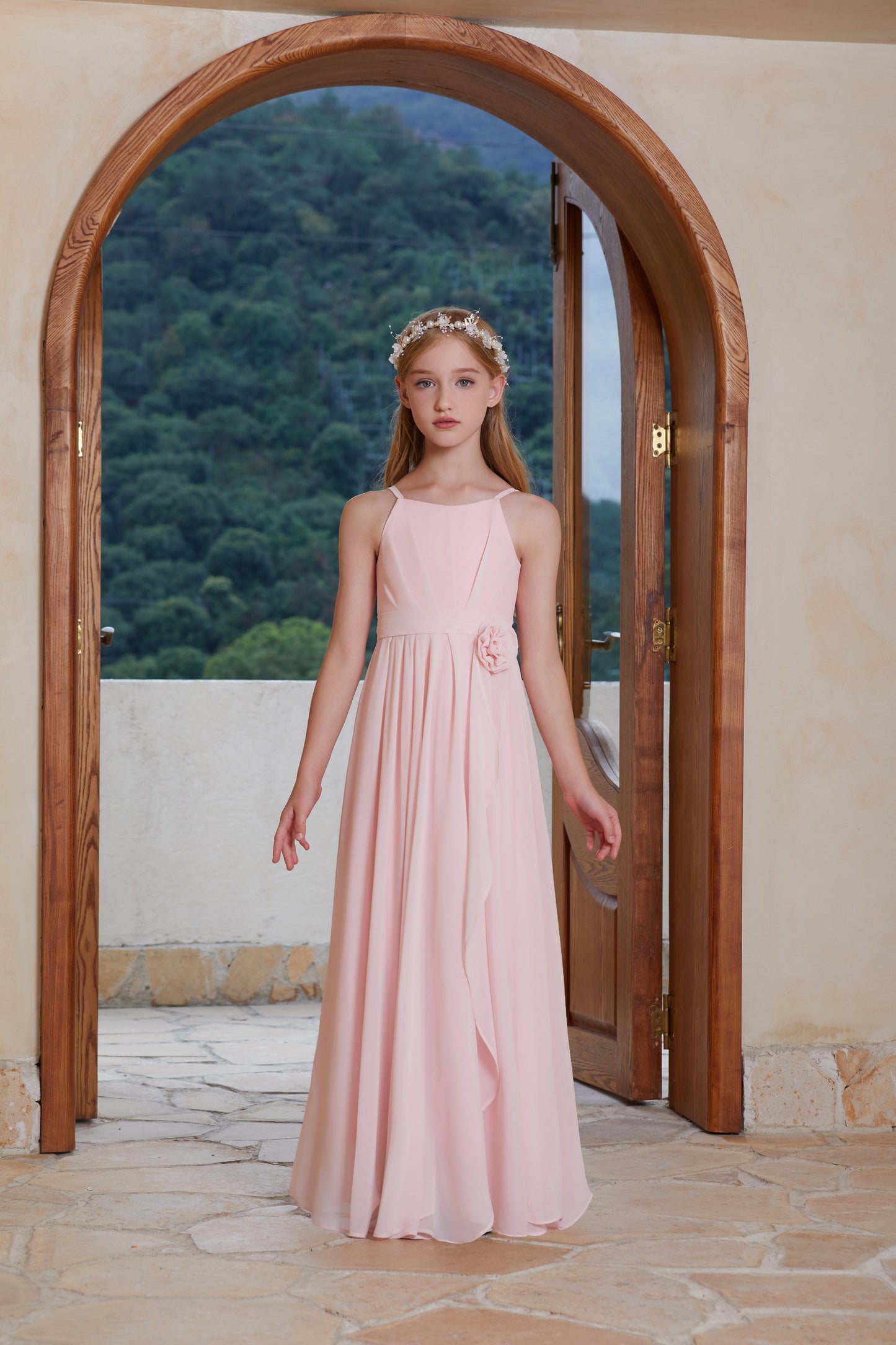 Pink Round Neck Sleeveless Halter Chiffon Flower Girl Gown Dress For Wedding FLC3120