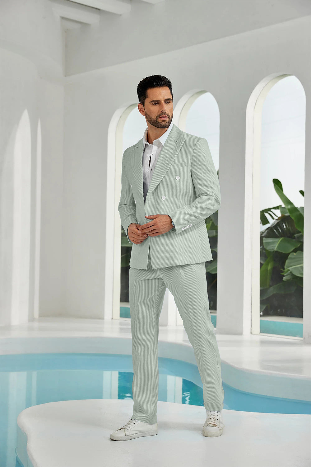 Seersucker Double Breasted Blazer Pants 2 Piece Men's Summer Suit Yuanlu