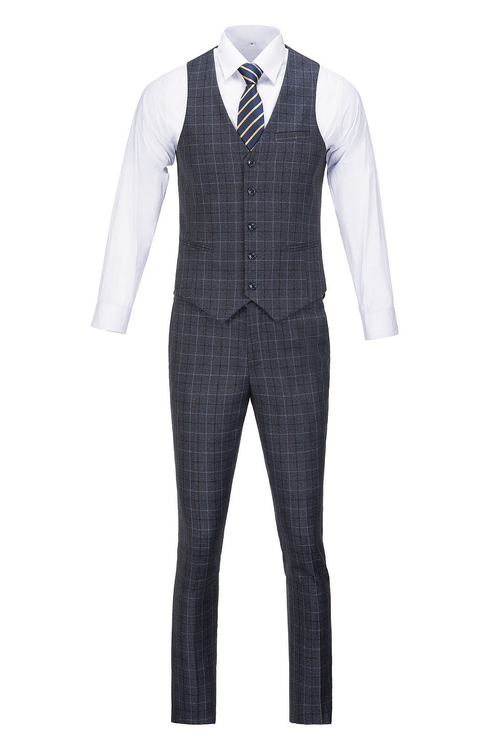 Dark Grey Plaid Men's 3 Piece Set for Party, Wedding and Business Yuanlu