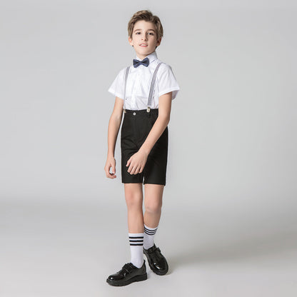 Black 4 Piece Kids Boys' Formal Party Summer Suits Set With Suspenders Yuanlu