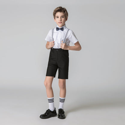 Black 4 Piece Kids Boys' Formal Party Summer Suits Set With Suspenders Yuanlu