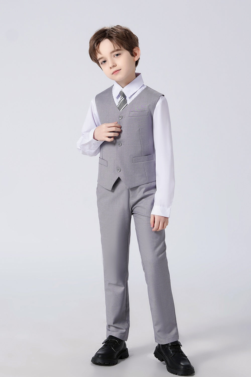 Light Grey Classic 4 Piece Boy's Formal Suits With Vest+Pants+Shirt+Tie Yuanlu