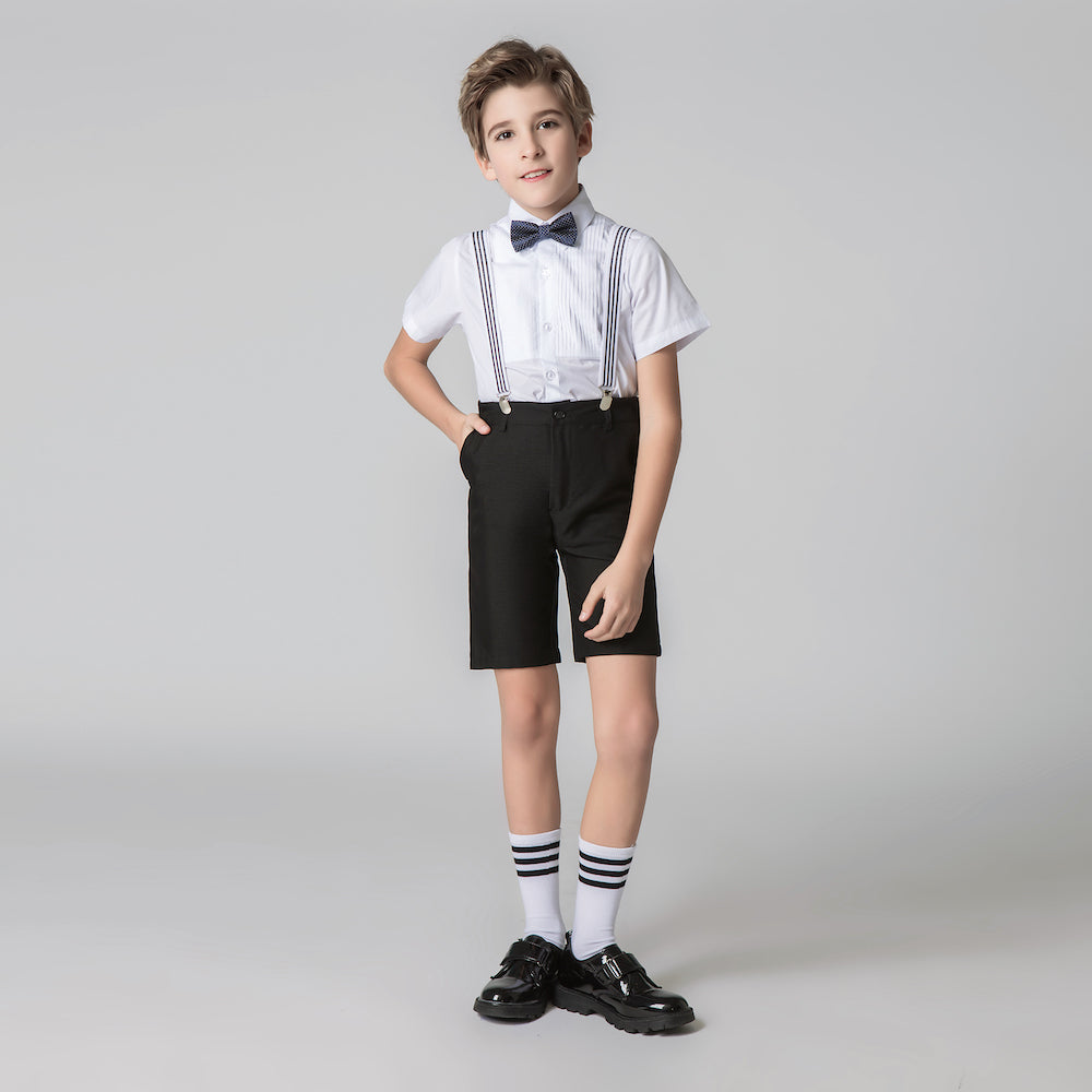 Black 4 Piece Kids Boys' Formal Party Summer Suits Set With Suspenders Yuanlu