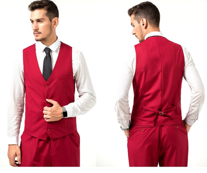 Red Men's Suits 2 Pieces Vest+Pants Set V-Neck Slim Fit Casual Waistcoat Suit Yuanlu