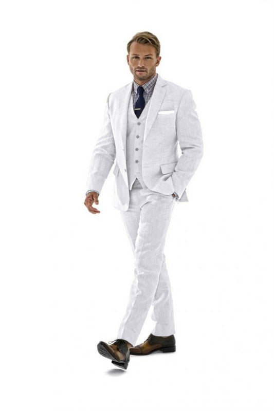 White Retro Linen Beach Wedding Summer 3 Pieces Men Suits Yuanlu