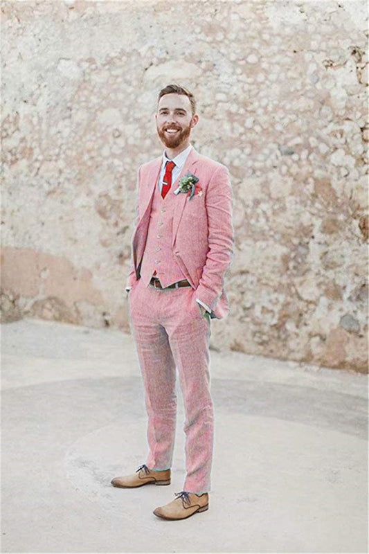 Pink Retro Linen Beach Wedding Summer 3 Pieces Men Suits Yuanlu