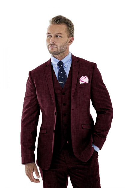 Burgundy Retro Linen Beach Wedding Summer 3 Pieces Men Suits Yuanlu