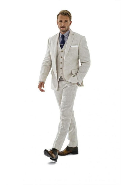 Beige Retro Linen Beach Wedding Summer 3 Pieces Men Suits Yuanlu