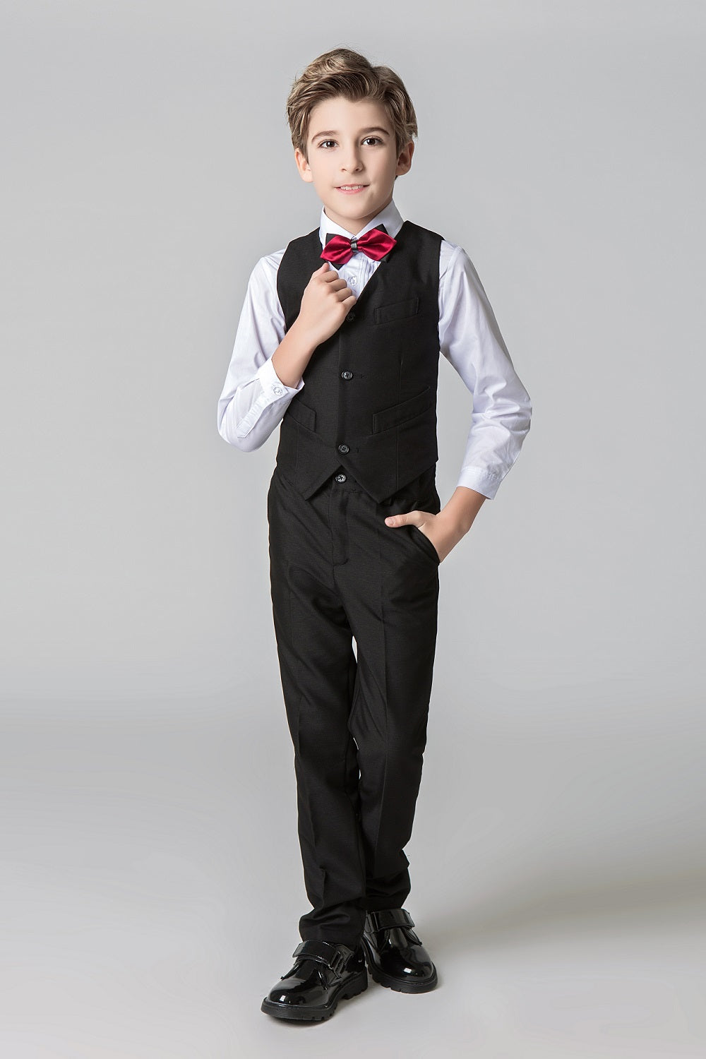 Black Custom Fit Slim 4 Piece Boy's Formal Suits With Vest+Pants+Shirt+Tie Yuanlu