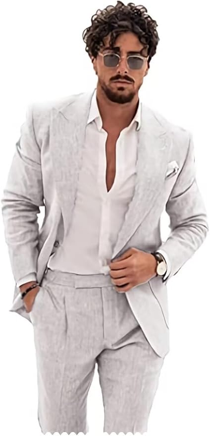 Summer Casual Linen Men's  2 Piece Suit Blazer Pants Set Yuanlu